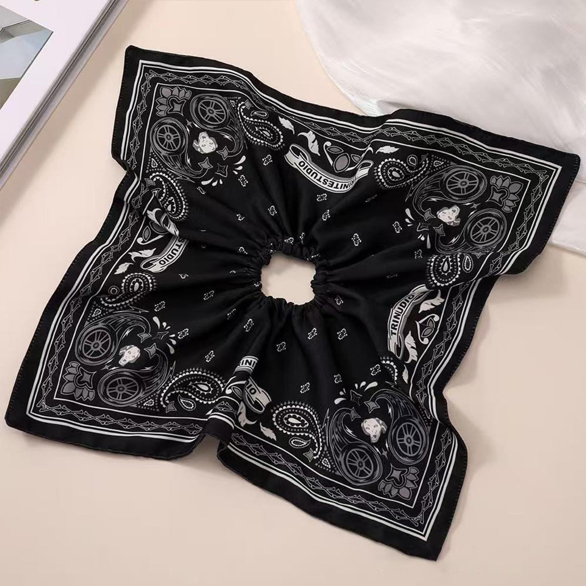 

1 шт. модный ретро квадратный платок с принтом цветы кешью , резинка для волос типа большая кишка , ретро джинсово-синий уличный стиль, нишевая резинка для волос