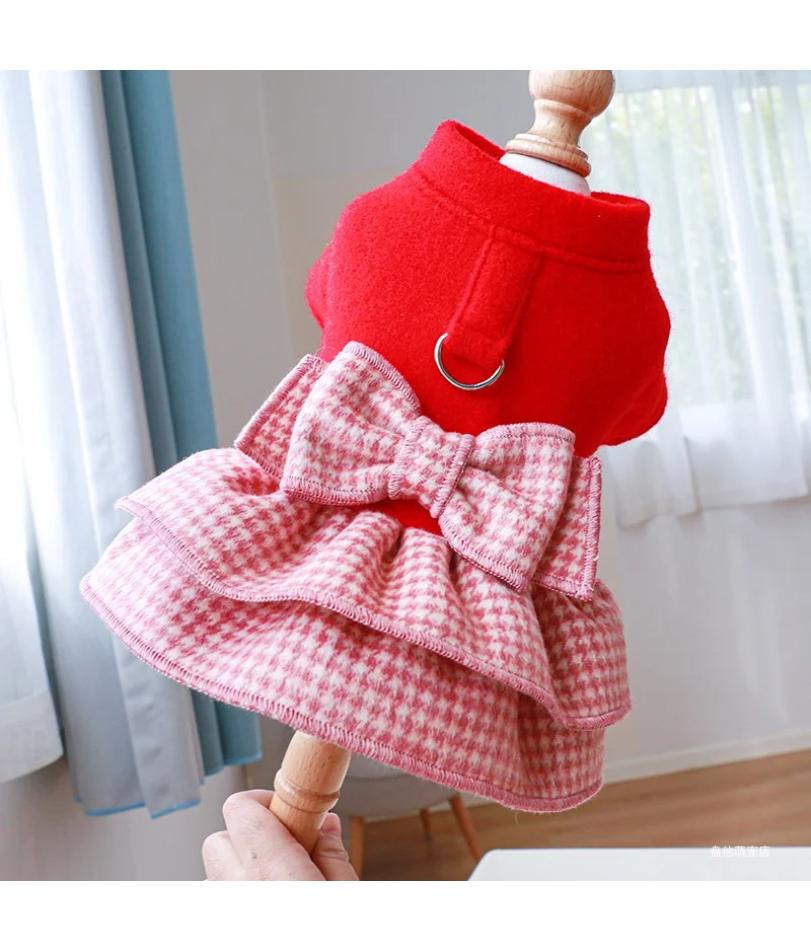 1PC Pet Clothes Cat Autumn Winter Thickened Warm Red Princess Dress Belt Traction Buckle Suitable for Small and Medium Sized Dog