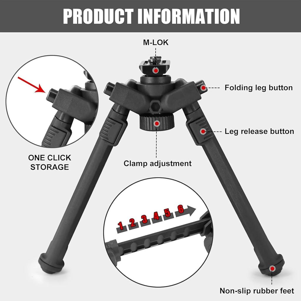 UUQ QV14 Tactical Portable Rifle Bipod, Picatinny and Mlok Mounting Options, 360 Degree Swivel, 7 Adjustable Height, Made of Lightweight