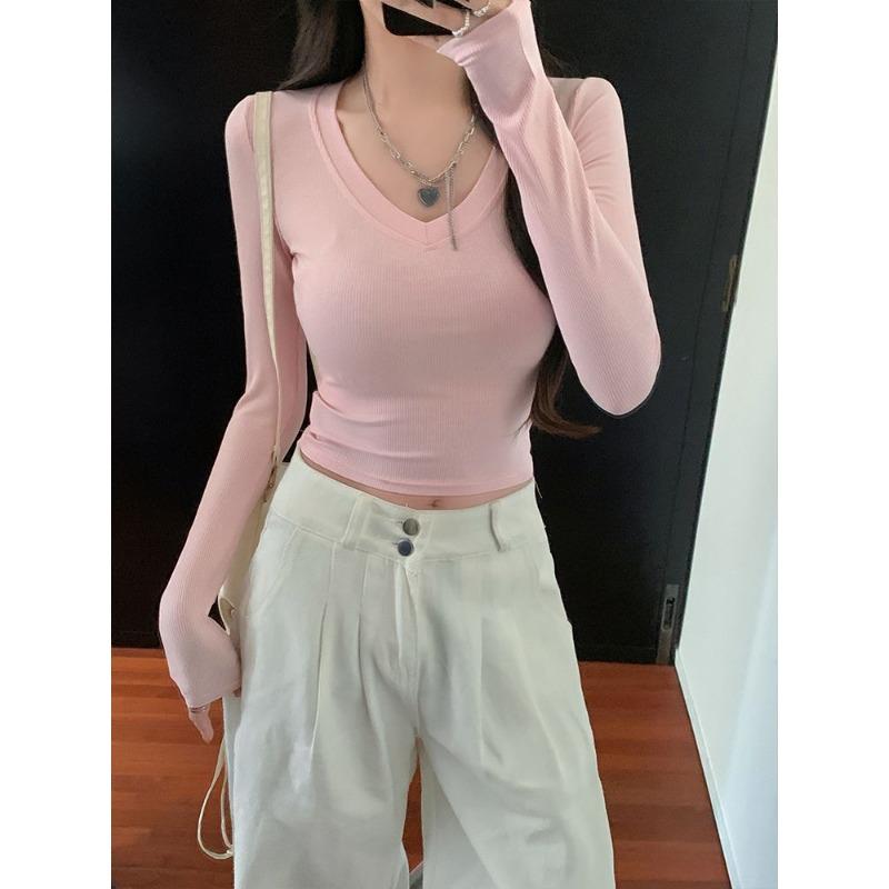 Solid Color Pullover V-neck Short Long-sleeved T-shirt Ins Style Hot Girl Korean Style Slim Bottoming Top