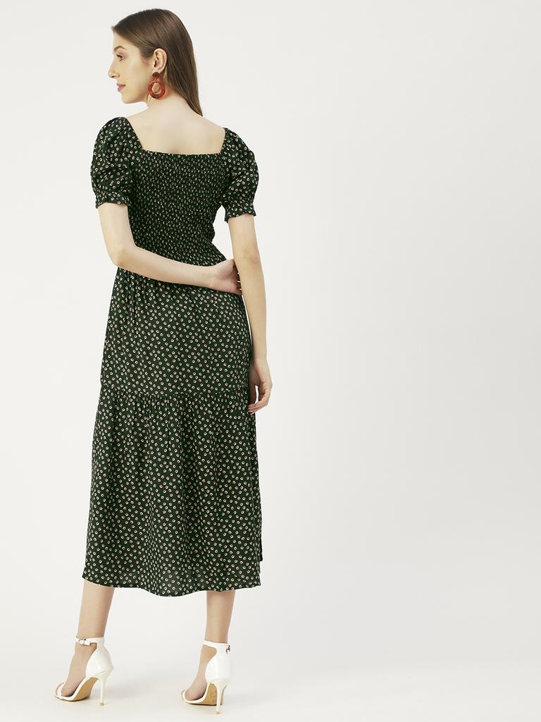 Moomaya Printed Viscose Rayon Summer Dress, Square Neck Smocked Long Dress