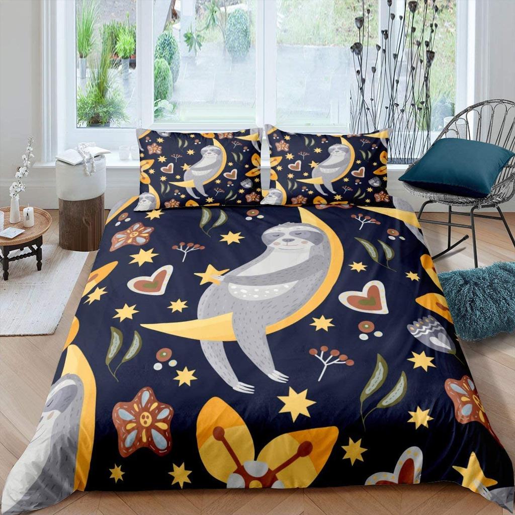 Kids Sloth Duvet Cover Set Queen King Size, Cute Animal Pattern Polyester Comforter Cover, Branches Winter Theme For Boys Girls