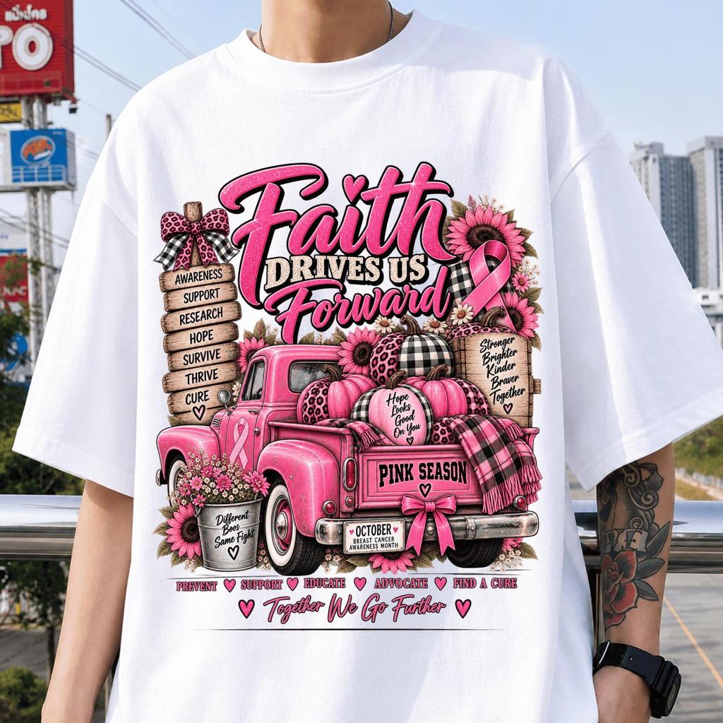 Faith Drives Us Forward PNG, Breast Cancer Awareness Design, Pink Vintage Truck Ribbon Sublimation, Cancer Support Digital Download
