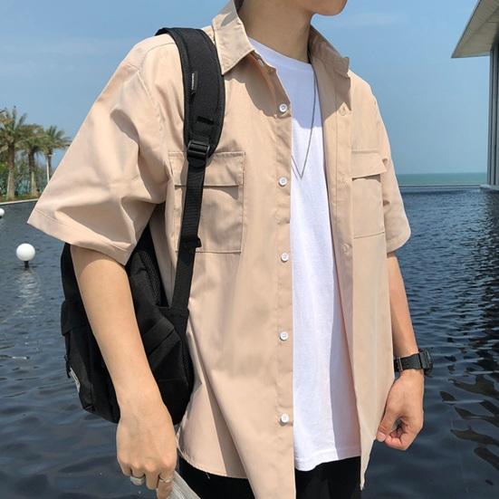 Wiosenna męska koszula cargo z kołnierzykiem, zapinana na jeden rząd guzików, luźna, krótka, w jednolitym kolorze, z kołnierzykiem i rękawami, odzież uliczna, robocza, do dojazdów, do biura, top