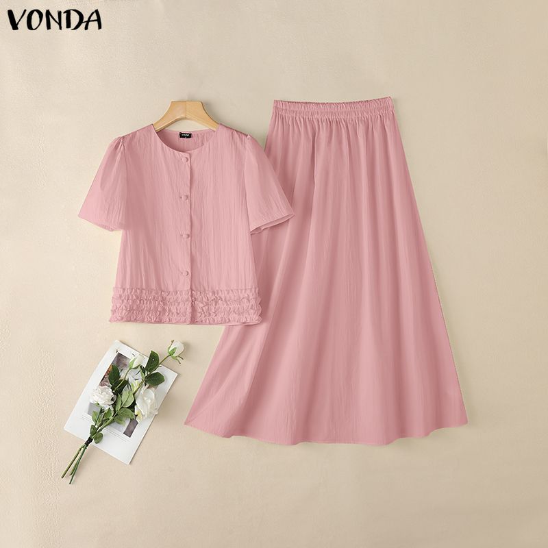 VONDA Women Outfits Short Sleeve Ruffled Blouse and Skirts Casual Two Piece Suit Elegant Sets