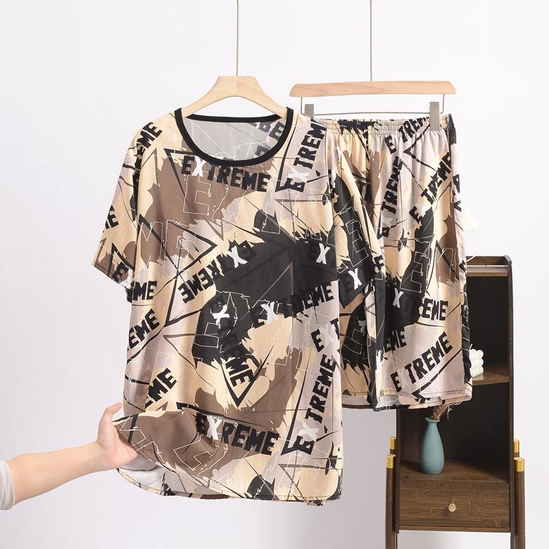 Summer Men's Cotton and Silk Pajamas, Short-sleeved, Large-sized Loose Casual Printed Home Wear, Can Be Worn As An Outer Suit