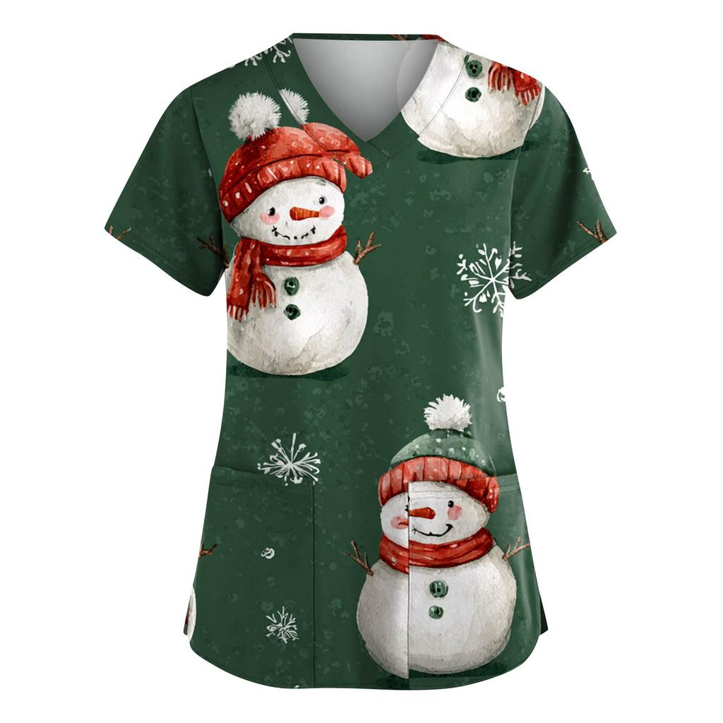 Women's Fashion V-Neck Short-Sleeved Workwear With Pockets Christmas Print Top Caregiver Uniform