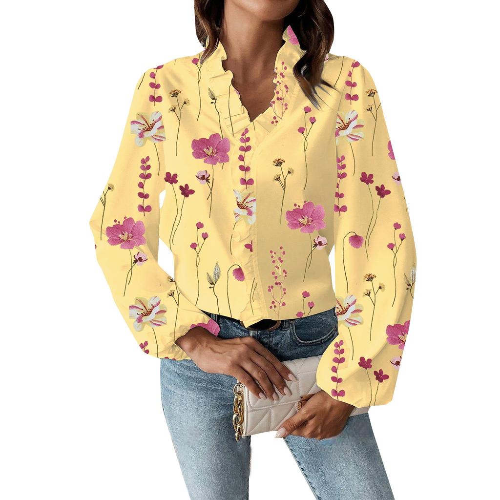 Damen Herbst Rüschen V-Ausschnitt Mode Bedrucktes Langarm T-Shirt Shirt Top