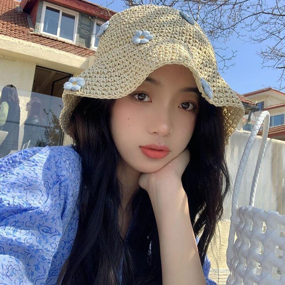Flower Beach Hat Handmade Weave Sunscreen Boho Panama Cap Sun Cap Sun Hat Sun Protection Straw Hat