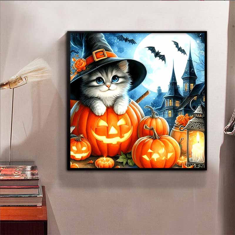 New Arrival 5D DIY Full Circle Diamond Painting "Halloween with Kittens" Embroidery Cross Stitch Home Decor Gift