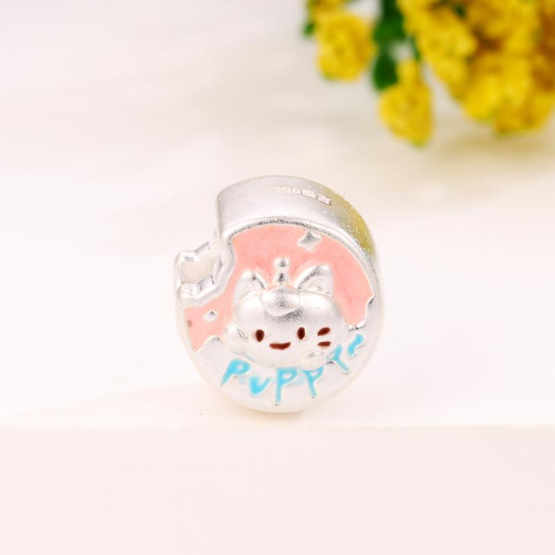 Стерлинговое серебро 999 пробы Милый мультяшный bead-пончик Мяу для DIY аксессуаров к ювелирным изделиям серебряный