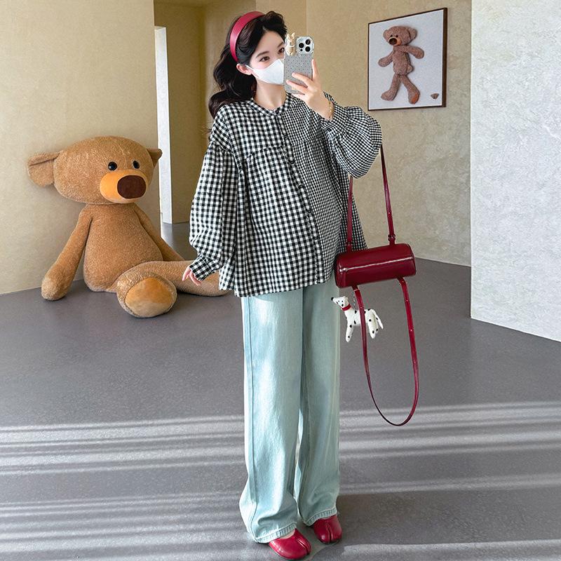 2026 Spring Korean Style Plaid Round Neck Loose Maternity Top XL