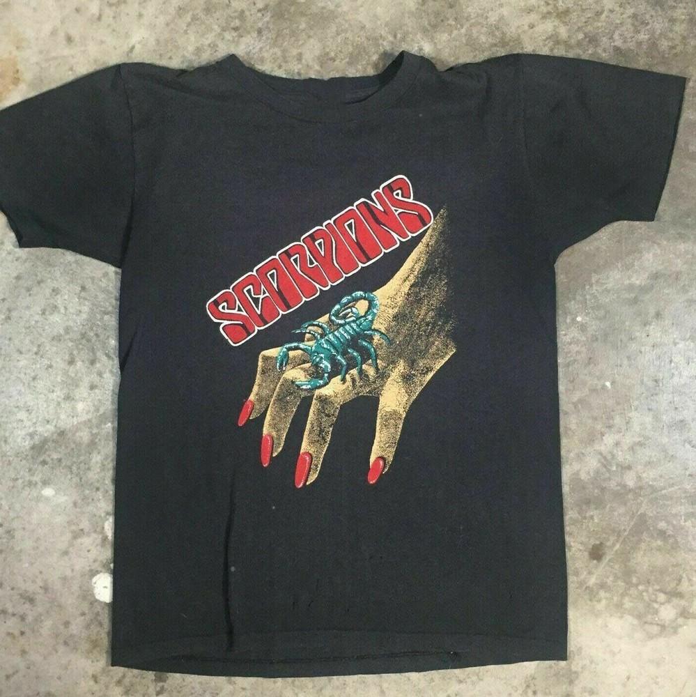 Винтажная футболка Scorpions с одинарным швом 1980-х годов Хлопок Черный Унисекс Футболка Унисекс Футболка XXL