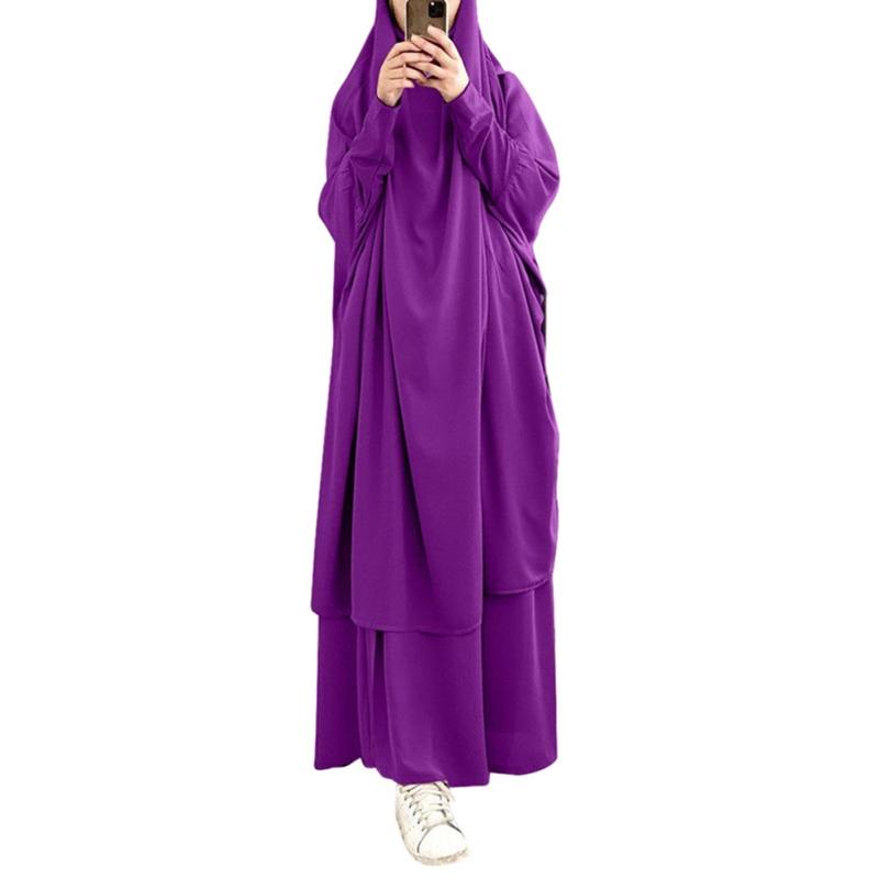 Large Hem Solid Color Robe Dress Hood Set Muslim National Costume