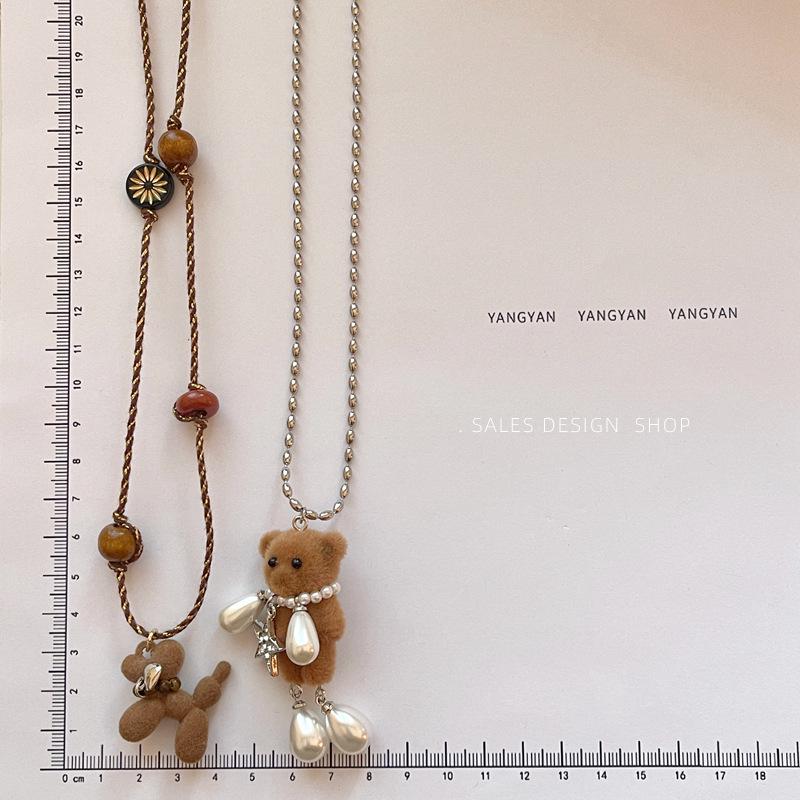 Vintage Flocked Teddy Bear Puppy Pendant Necklace - Elegant Sweater Chain for Women