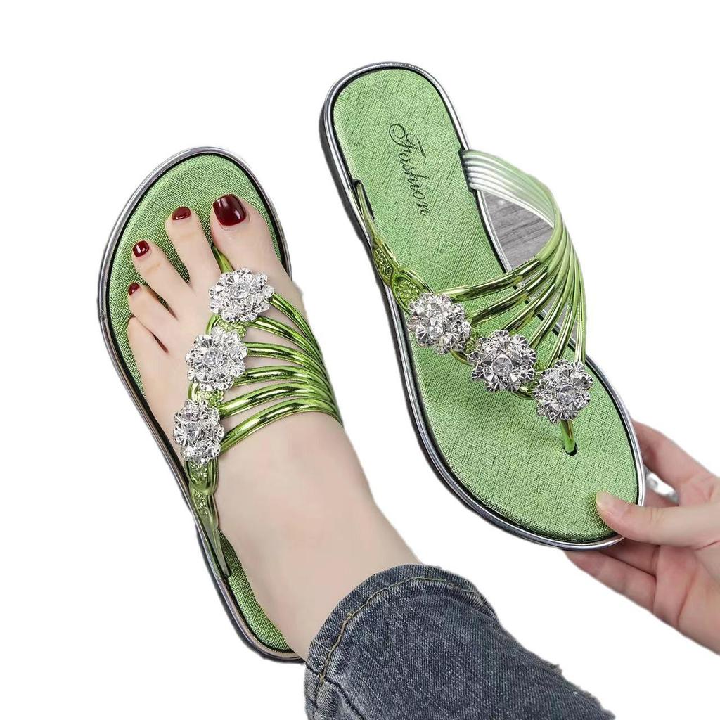Damen Strass-Blumen Flip-Flop Sandalen - Lässige Sommer Strand Zehentrenner