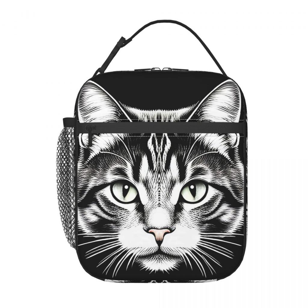 Cute Tabby Cat Face Insulated Lunch Bag for Women Kids Portable Food Boxes Thermal Lunch Box Tote