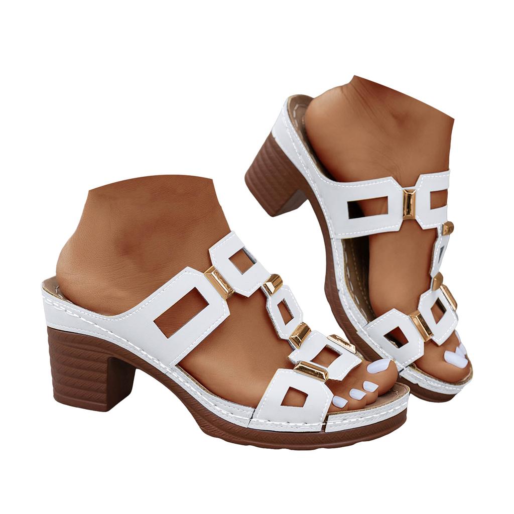 Chunky Heel Toe Women'S Slip Sandals Openwork Versatile Casual Solid Color Closed Toe Sandals Women Pretty Sandals For Women