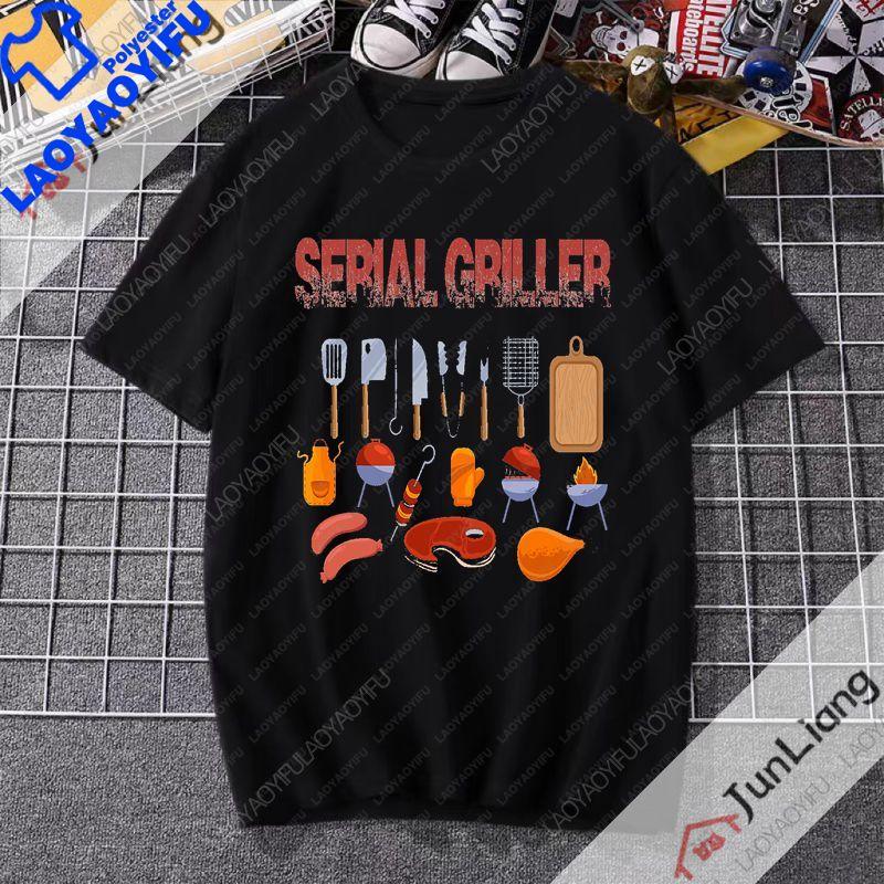 Serial Griller Lustiges BBQ Grafik T-Shirt Retro Grill-Liebhaber Streetwear Tee Grillen für Unisex Damen Sommer Kurzarm-T-Shirt