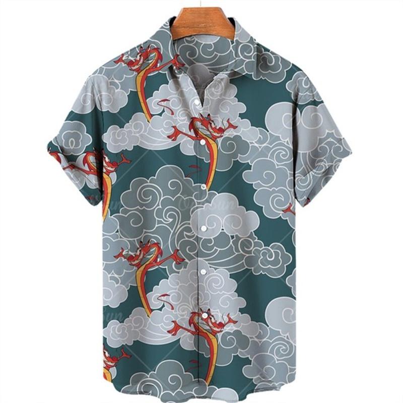 Summer Men's Dragon Pattern Element Shirt Social Casual Vintage Hawaiian Shirt  New Oversize Short Sleeve Street Clothing