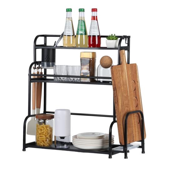 Standing Spice Rack, 3-Tier Kitchen Countertop Shelf with Stepped Design, Spice Rack Organizer and Hooks, Utensil Holder, Chopping Board Holder, Black