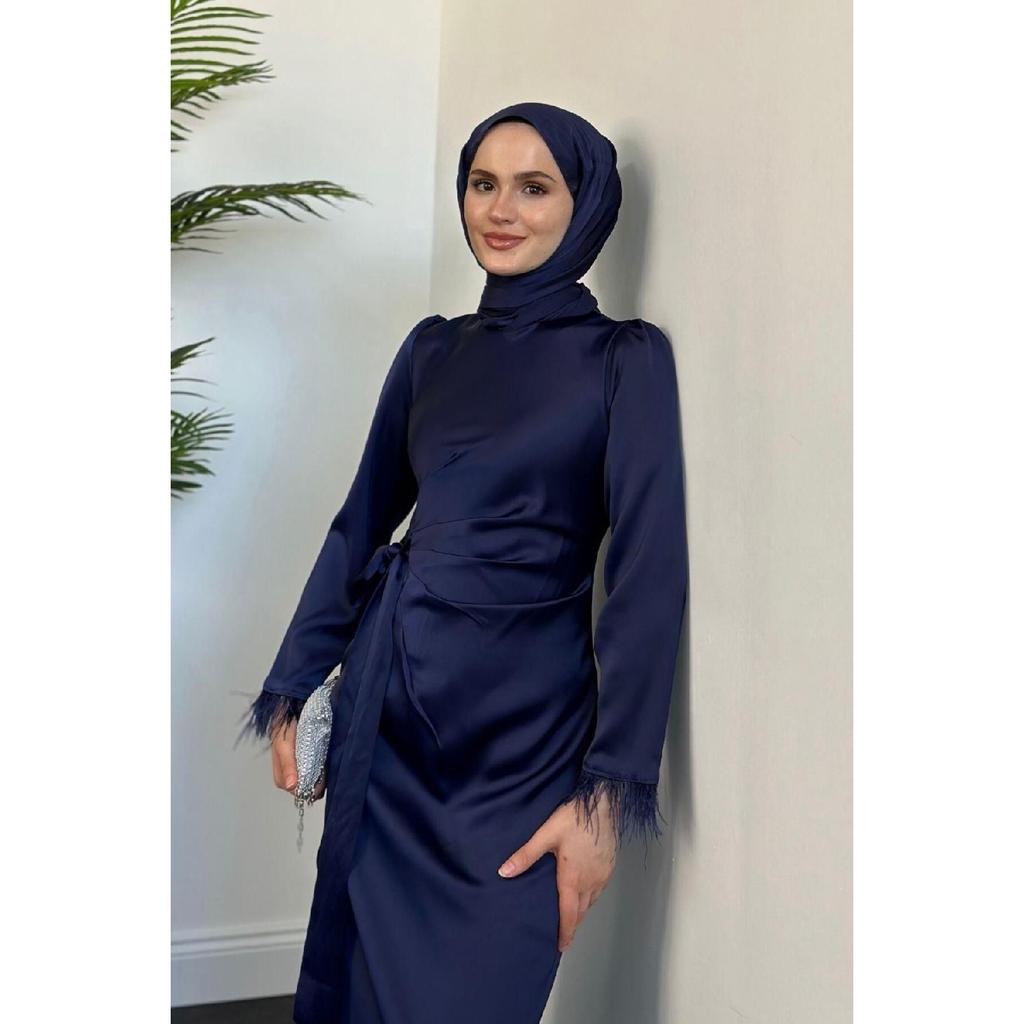 Satin Evening Dress With Sleeve Fringes, Oil Green