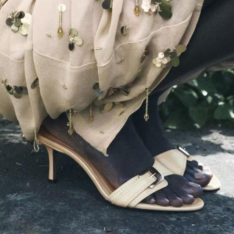 New Summer New Buckle Decoration Beige Workplace Versatile High-heeled Sandals Femininity Thin Heel One-word Cool Slippers