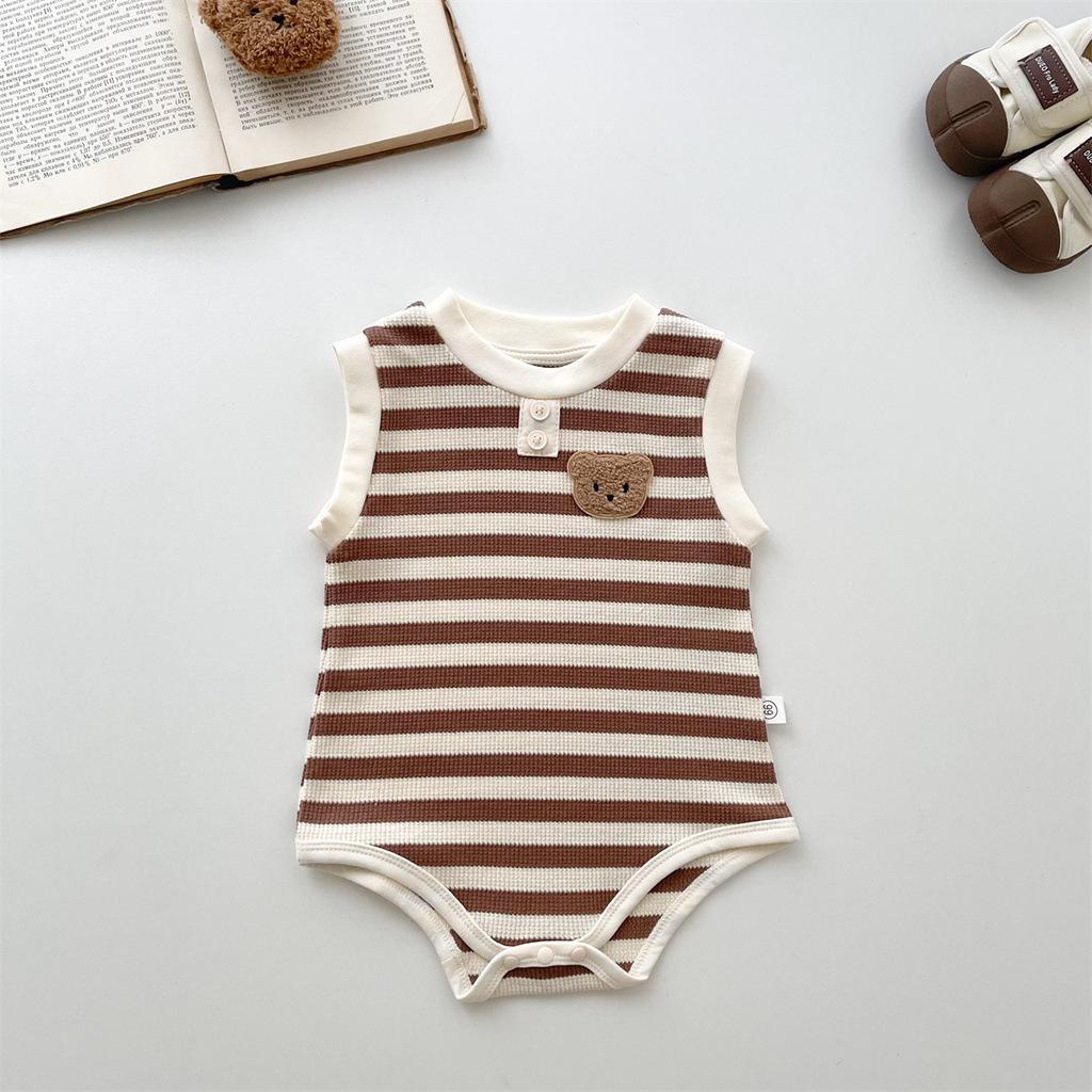 Summer Striped Sleeveless Cartoon Baby Onesie