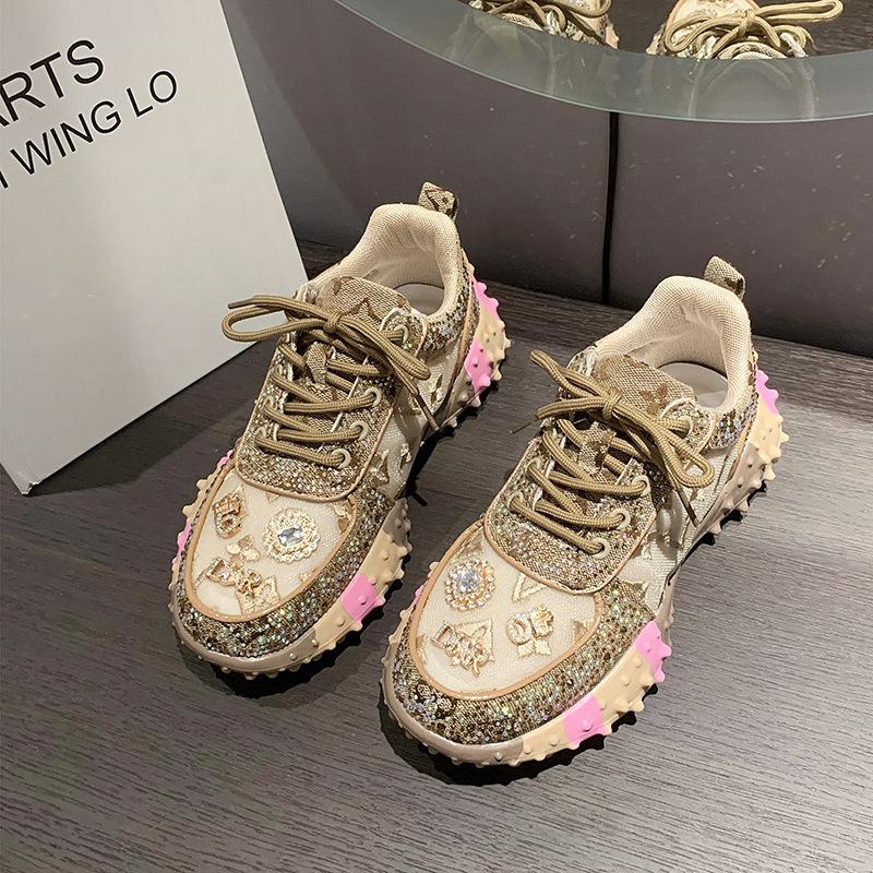 Women Sneakers Mesh Breathable Casual Luxury Rhinestone Lace Up Platform Vulcanized Shoes Zapatos Mujer