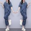 European station summer thin denim suit women's new fashion loose and thin foreign style age reduction two-piece set tide