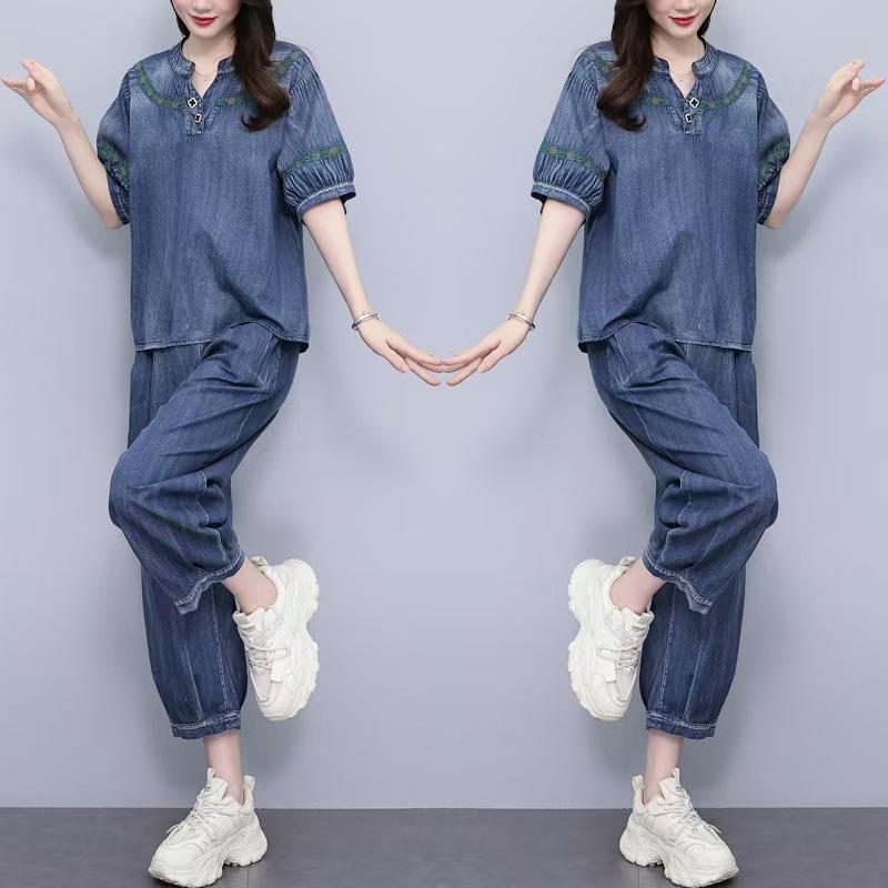 European station summer thin denim suit women's new fashion loose and thin foreign style age reduction two-piece set tide