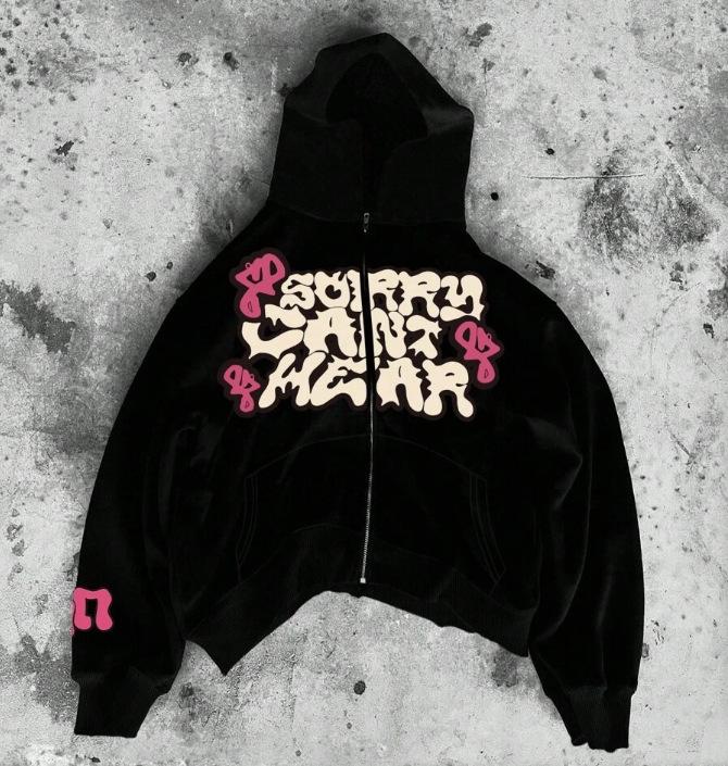 American high street tide brand letter printing hooded zipper sweater men, black oversize street zipper sweater