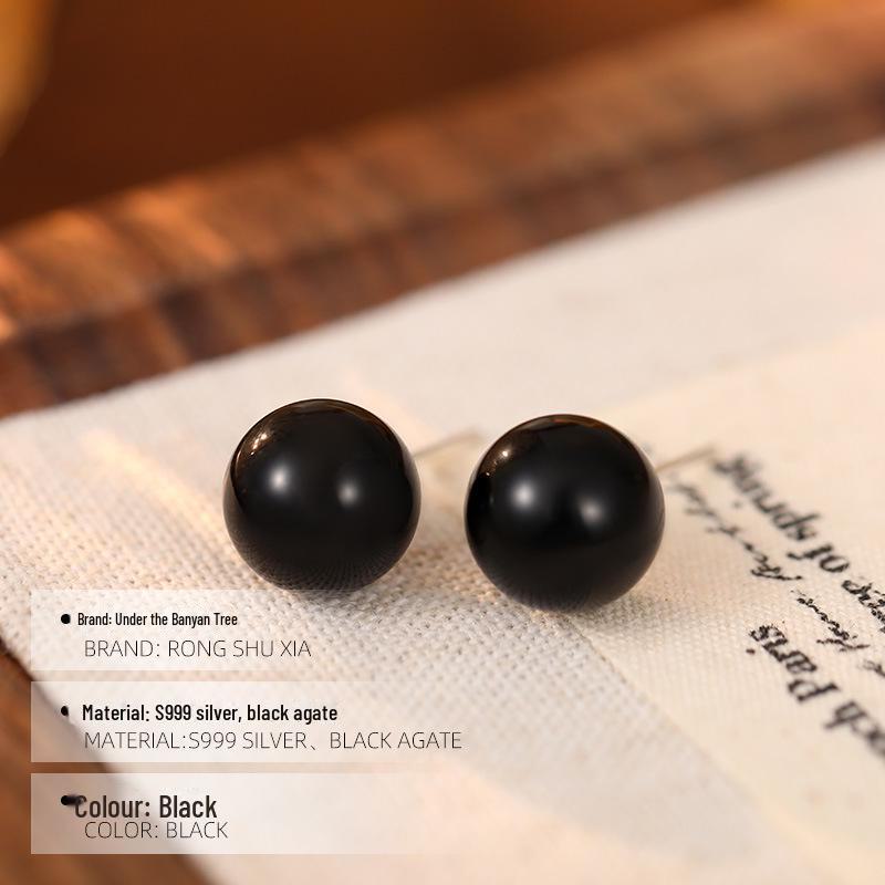 Brincos de Ágata Negra Coreana de Prata para Mulheres - Simples, Elegante, Versátil, Pequena Jóia de Declaração