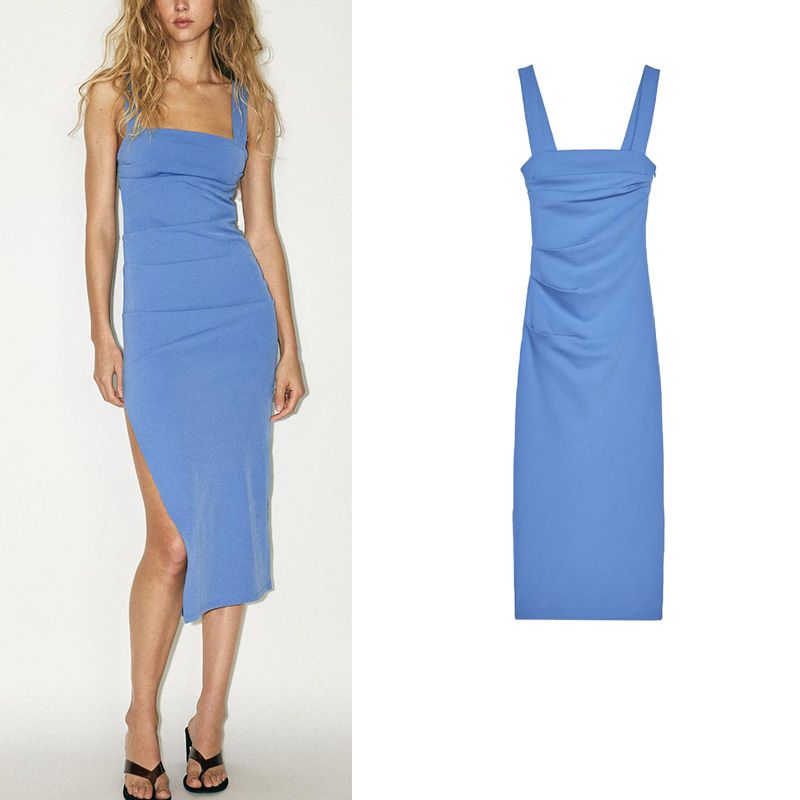 Summer New Product Women's Clothes Minimalist Wind Long Ruched Decorative Straight Collar Silm Midi Skirt Dress 3641370