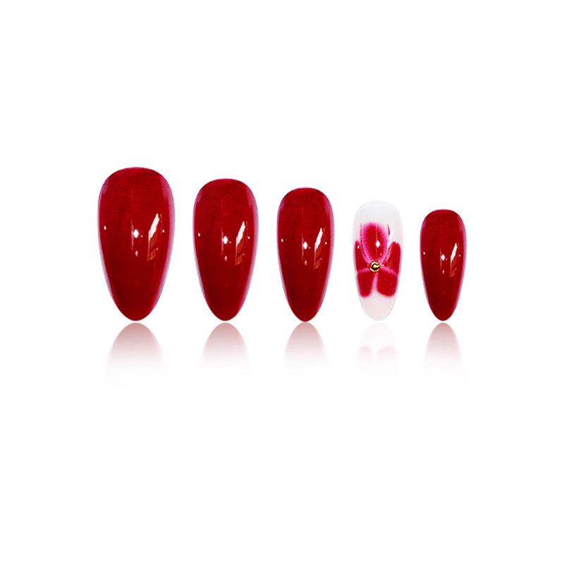 Red Glitter Pearl Flower Almond Shaped Wearable Nails