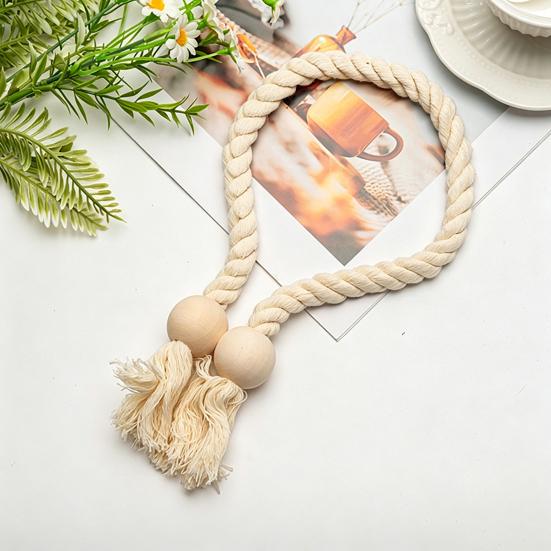 1Pc Boho Magnetic Curtain Tieback, Twisted Rope Wooden Bead Curtain Holders, Decorative Drapery Holdbacks for Bedroom Living Room