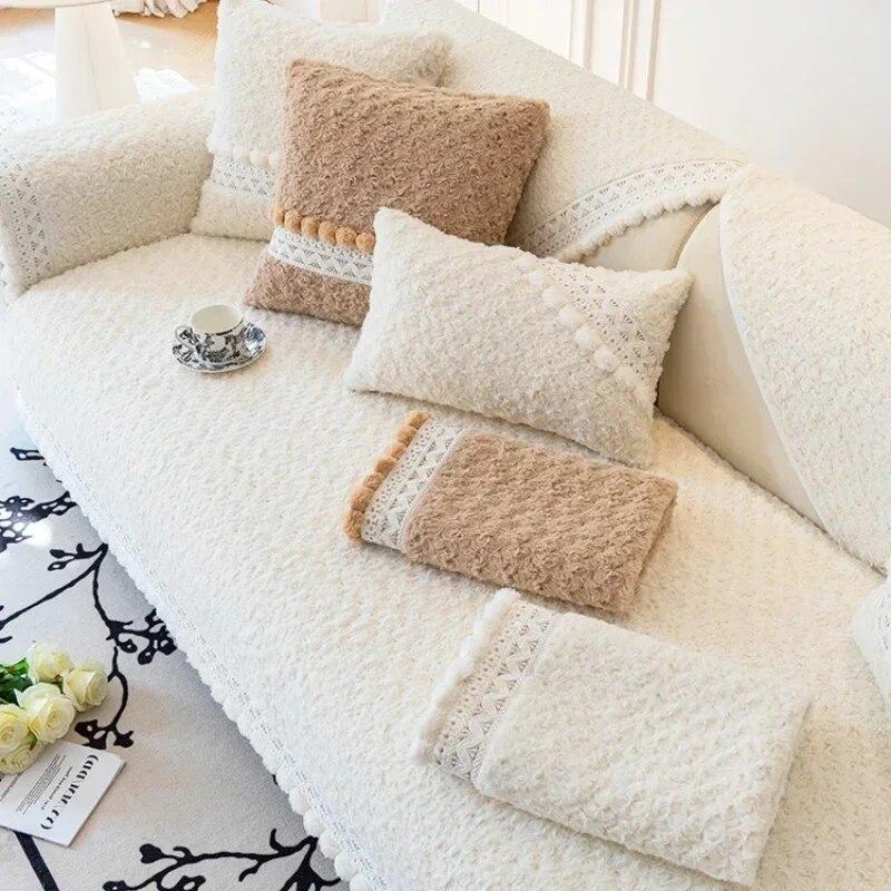 Cream Style Plush Sofa Mat Four Seasons Universal Anti Slip Seat Cushion Fur Ball Edge Autumn  Winter Leather Sofa Cover