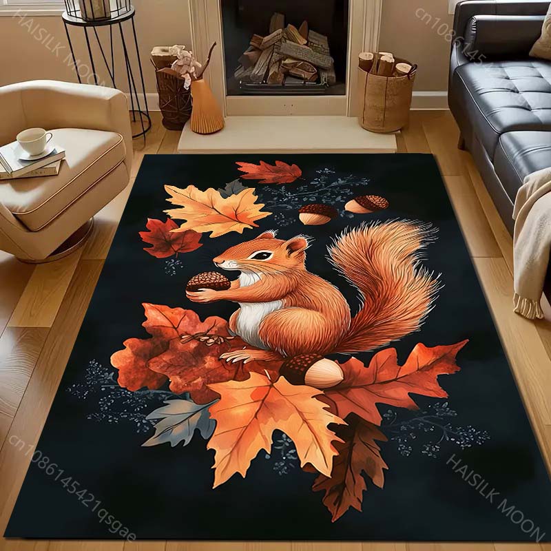 Multiple Sizes Autumn Leaves Squirrel Printed Carpet for Bedroom Living Room Bedside Sofa Floor Mat Modern Home Decor Area Rug