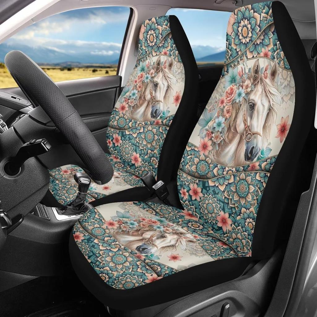 Bulopur Black Boho Floral Car Seat Covers Front Seats Only for Women Men Seat Covers w/Organizer Pocket for Cars SUV Truck Sedan