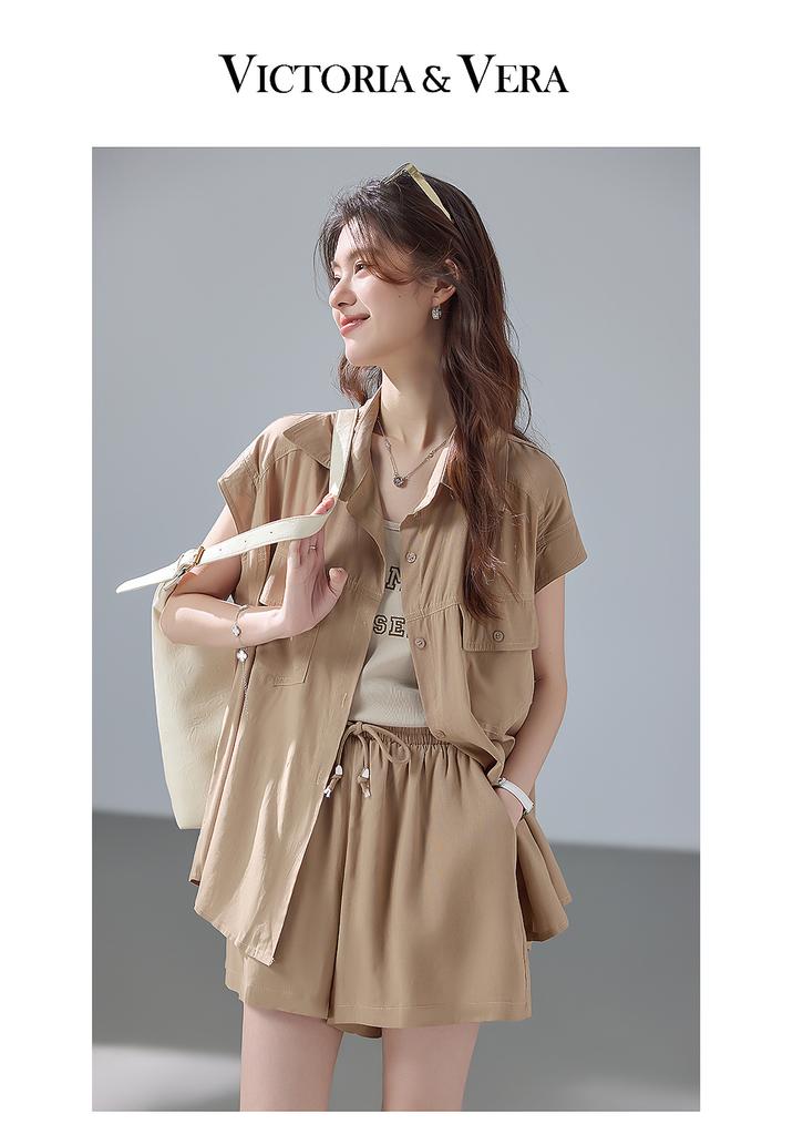 Korean Lazy Style Vest, Off-Shoulder Sleeve Shirt, and Shorts Three-Piece Set