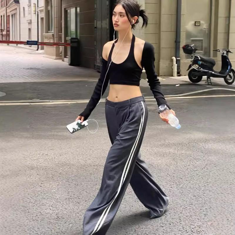 Womens Striped Straight Leg Low Waist Casual Trousers Commute Office Style