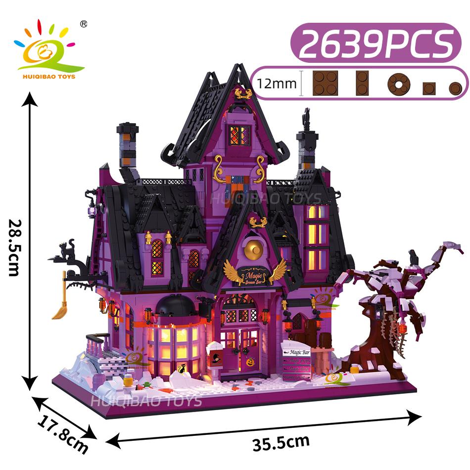 HUIQIBAO Halloween Dom Czarownicy Bar Czarodzieja Sklep Magiczny Mikro Model Klocki do Budowania Miasto DIY Sklep Montaż Klocki Zabawki dla Dzieci