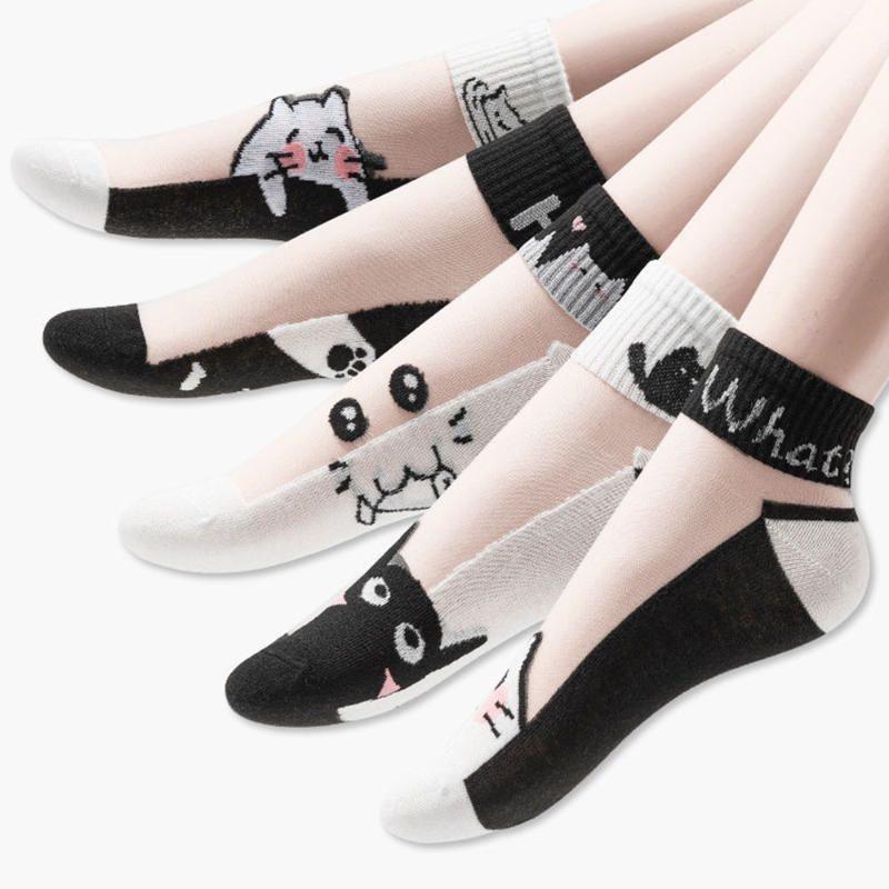 5Pairs/Lot Summer Socks Black And White Cat Glass Silk Breathable Female Socks Simple Short Socks