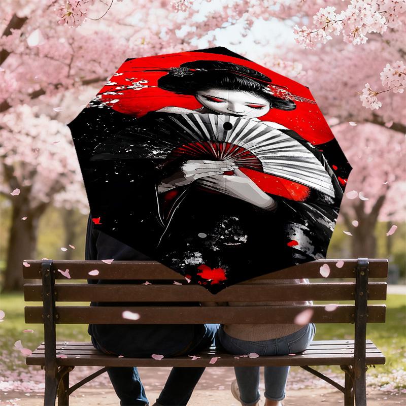 1pc Geisha Sakura Automatic Open/Close Umbrella Compact Folding Umbrella with 8-Rib Shaft for Women/Men, Elegant Birthday1182S