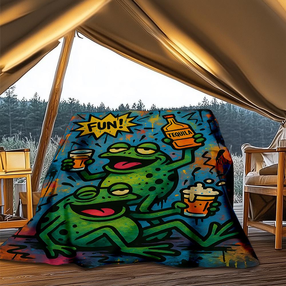 1pc Tequila Frog Outdoor Blanket Lightweight Flannel Throw For Travel, Camping, Livingroom, Couch, Chair Soft