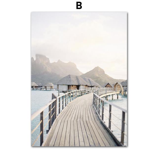 Beach Sea Bridge Reed Girl Resort Island Bush Plakáty Reprodukce Obrazy Plátno Umění Nástěnná dekorace Domácí malby do obývacího pokoje