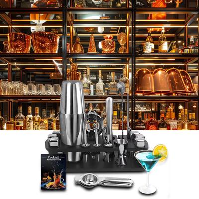 23Pcs Bartender Kit with Stand Silver Cocktail Shaker Set for Drink Mixing Martini Shaker Jigger Strainer Mixer Spoon Tongs Opener Stainless