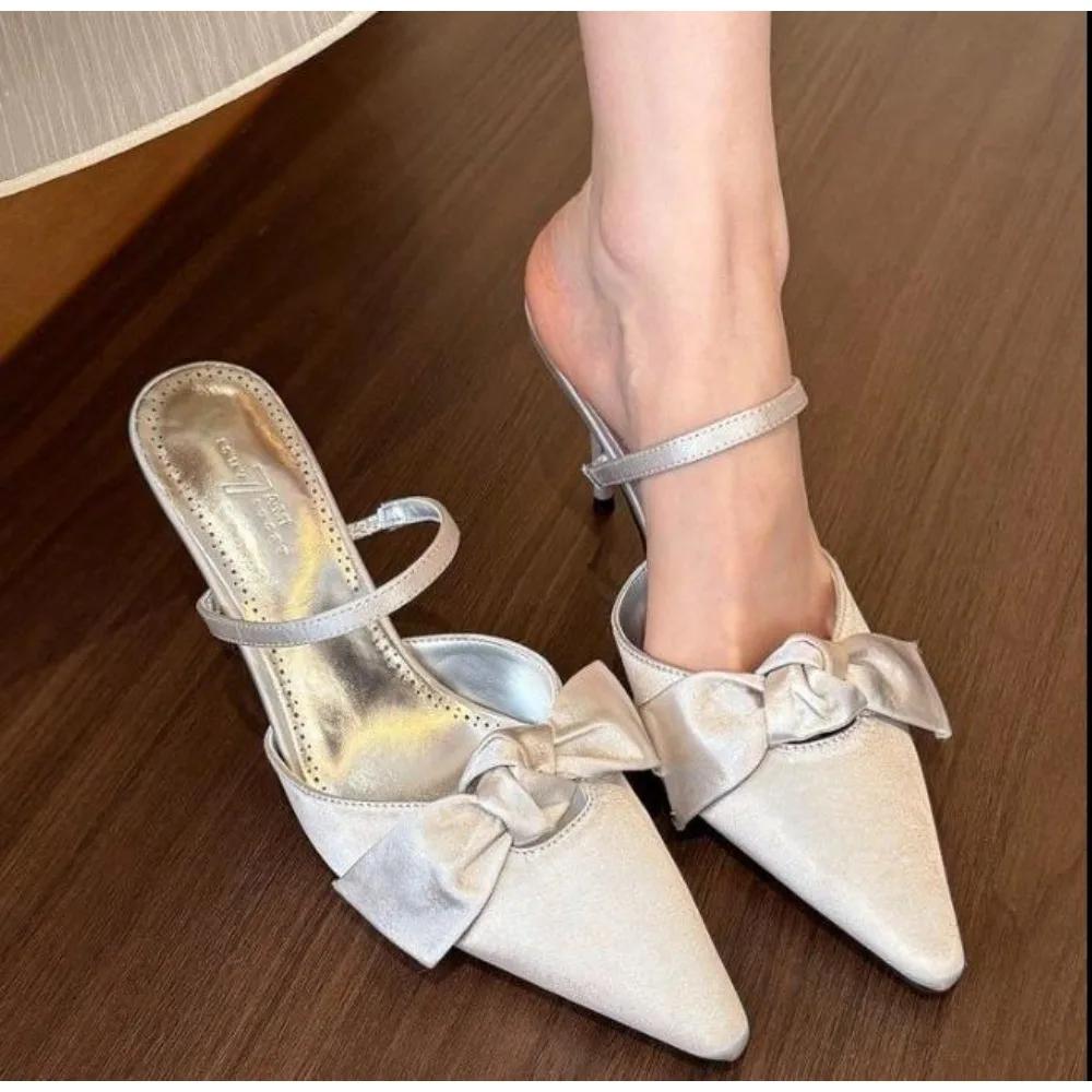 New Black Butterfly Knot Women Slingbacks Heels Shoes Sexy Dress Thin Heel Pointed Toe Mules Ladies High Heels Women Pumps