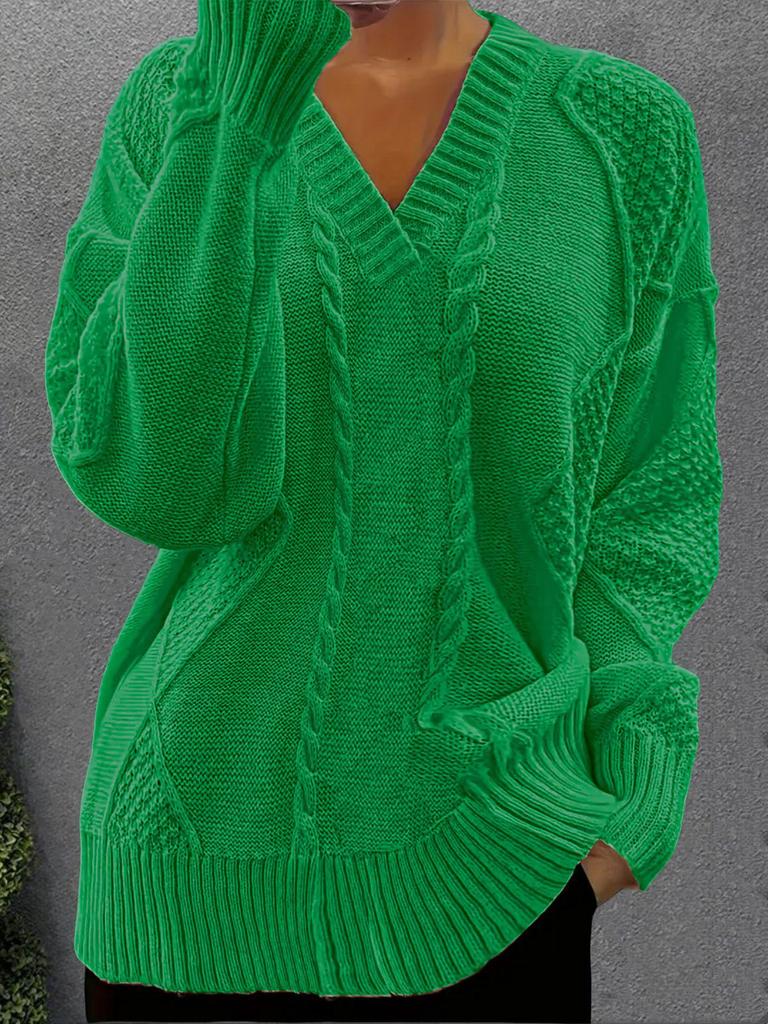 Women's European and American Casual V-Neck Cable Knit Sweater Coat - Solid Color, Autumn/Winter Pullover.