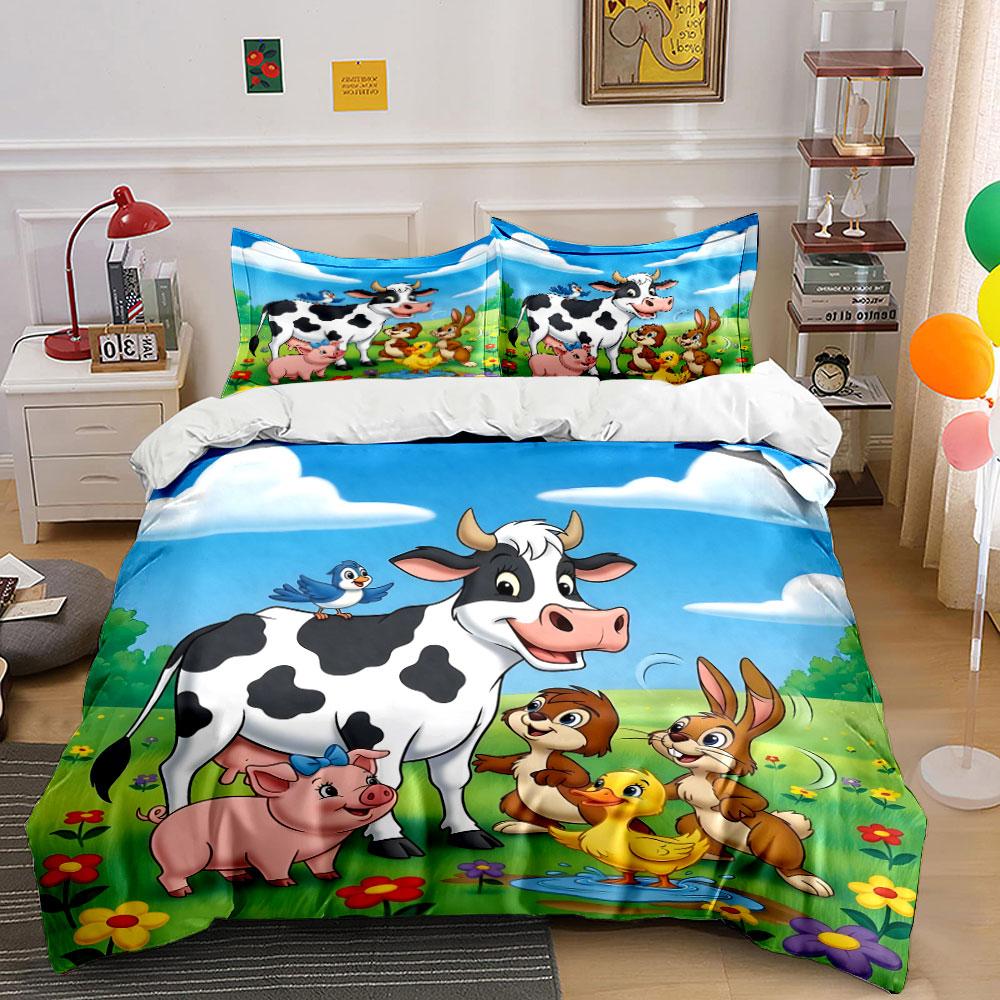Cartoon Farm Animals Happy Gathering Duvet Cover Set With 3D Printing Design Soft Polyester Bedding Set All-Season Comfort